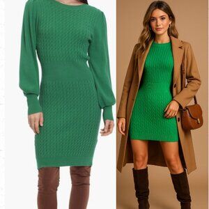 DONNA MORGAN Cable Knit Sweater Dress Large Hunter Green Dolman Sleeve Bodycon